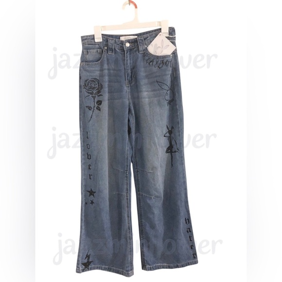 Playboy brand blue sinner lover butterfly rose bunny‎ embroidered jeans size 3 - Picture 1 of 12